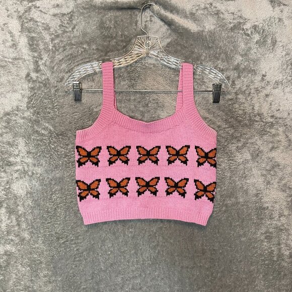 Levis Women Y2K Cropped Crochet Knit Heaven Sweater Tank Girly Pink Butterfly XS - Picture 1 of 10